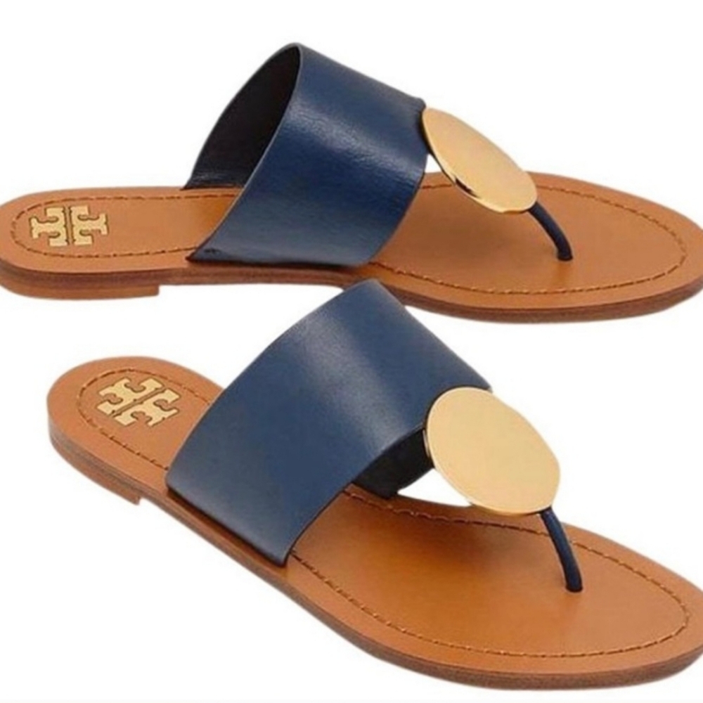 Tory Burch Navy and Tan Sandals with Gold Accent